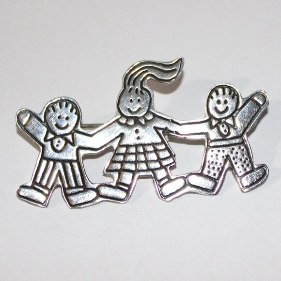 Vintage Sterling Silver Mom & Kids Brooch Mexico - Picture 1 of 7